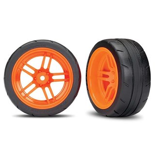 Traxxas  8374A Reifen auf Felgen verklebt Split-Spoke Felge orange hinten B