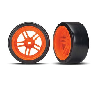 Traxxas  8377A Reifen auf Felgen verklebt Split-Spoke Felge orange hinten