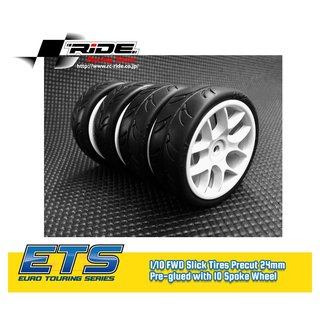 Ride 26072 1/10 Slick Tires Precut 24mm Pre-glued 10 Spoke Wheel White 4pcs